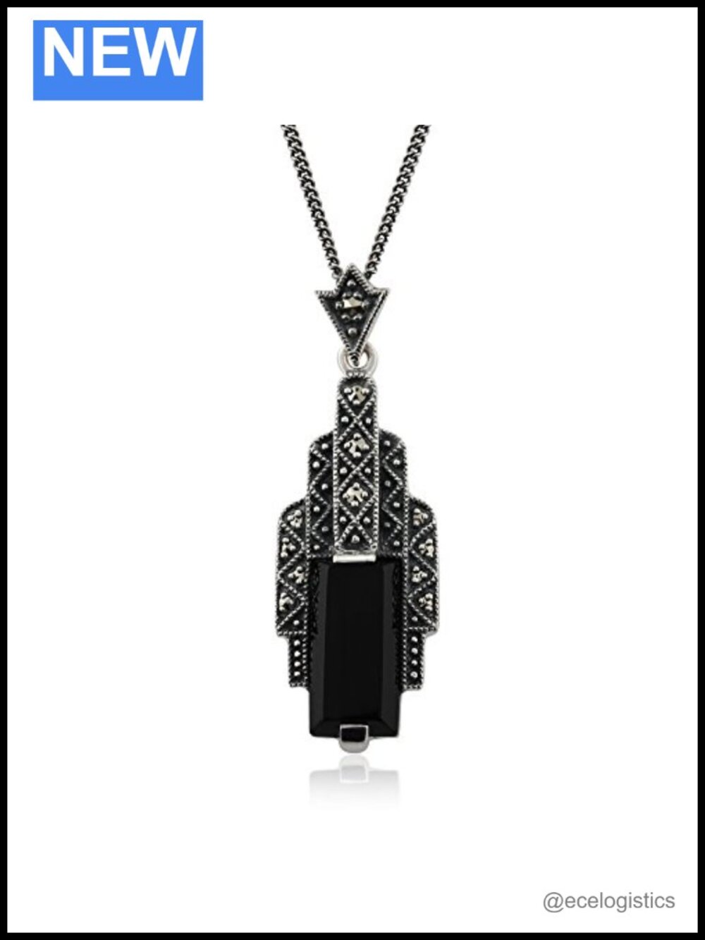 925 Sterling Silver Black Onyx Marcasite Art Deco Pendant Necklace